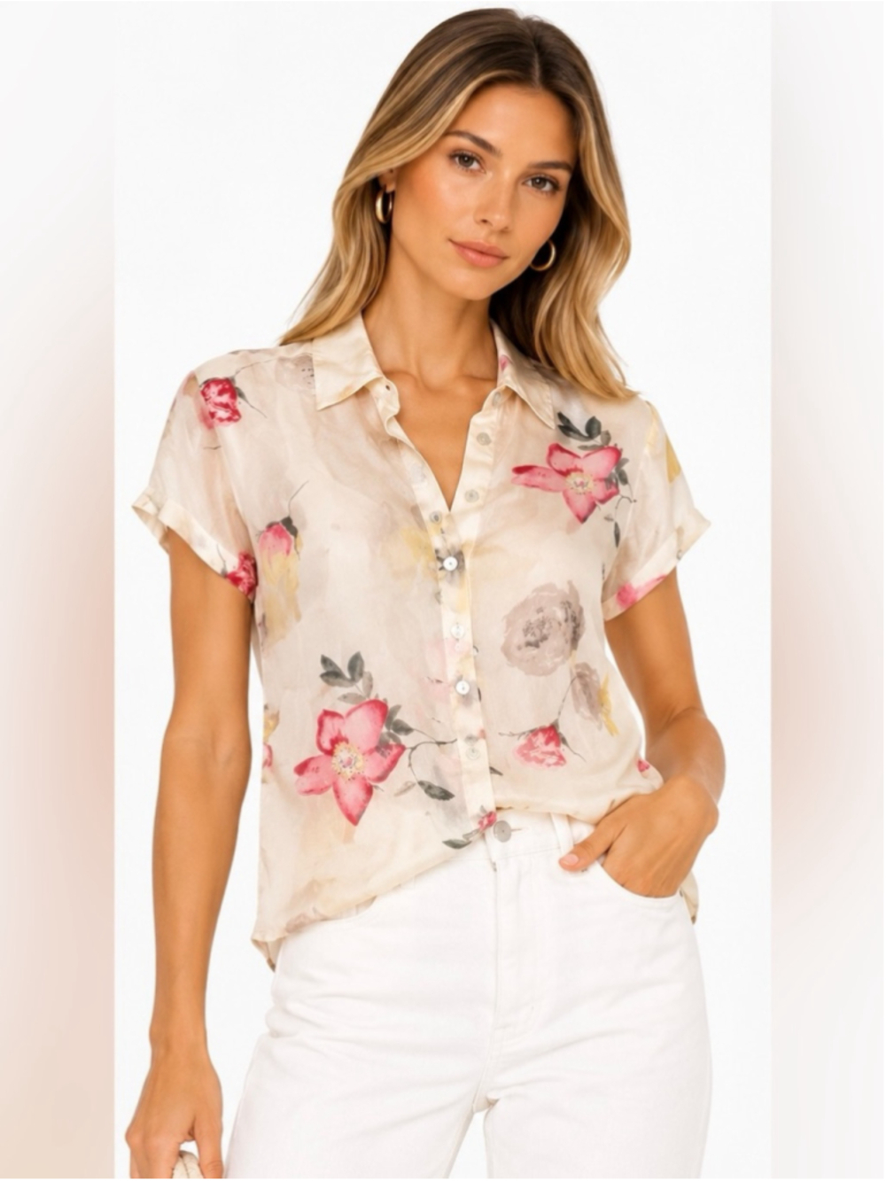 TESS 100% Silk Floral Button-Up Blouse Size 12 Ivory Pink Short Sleeve